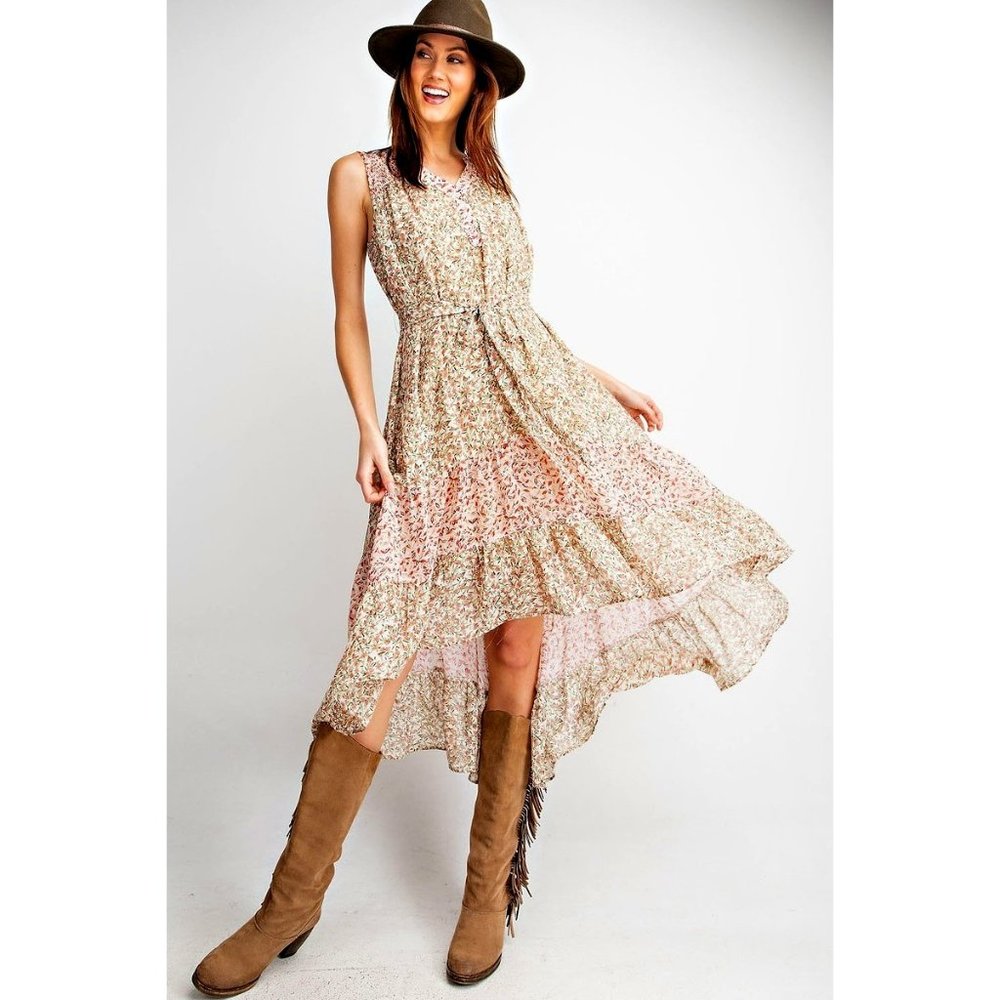 Easel Floral High-Low Midi Dress in Beige and Pink